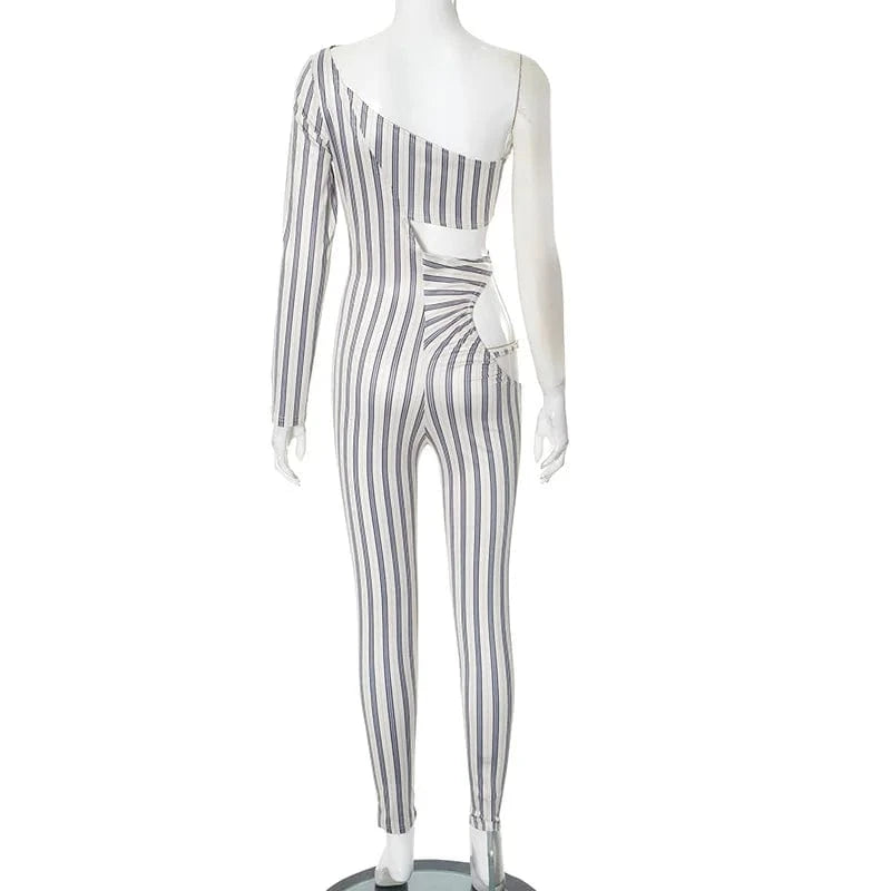 Joskaa Striped Print Cutout Jumpsuits Women Hipster Sexy Oblique Shoulder Backless Skinny One Piece Rompers Midnight Clubwear