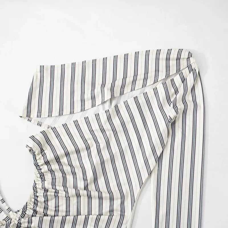 Joskaa Striped Print Cutout Jumpsuits Women Hipster Sexy Oblique Shoulder Backless Skinny One Piece Rompers Midnight Clubwear