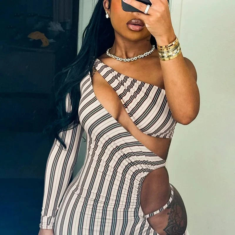 Joskaa Striped Print Cutout Jumpsuits Women Hipster Sexy Oblique Shoulder Backless Skinny One Piece Rompers Midnight Clubwear