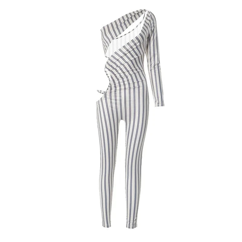 Joskaa Striped Print Cutout Jumpsuits Women Hipster Sexy Oblique Shoulder Backless Skinny One Piece Rompers Midnight Clubwear
