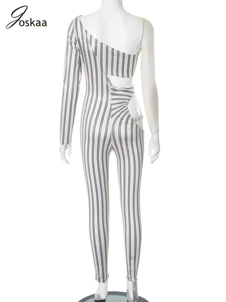 Joskaa Striped Print Cutout Jumpsuits Women Hipster Sexy Oblique Shoulder Backless Skinny One Piece Rompers Midnight Clubwear