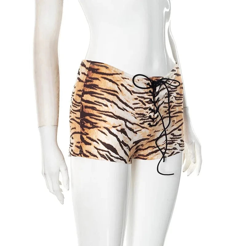 Joskaa Tiger Stripe Print Shorts Women Hipster Sexy Low Rise Bandage Hot Pants 2025 Summer Holiday Party Club Bottoms Streetwear
