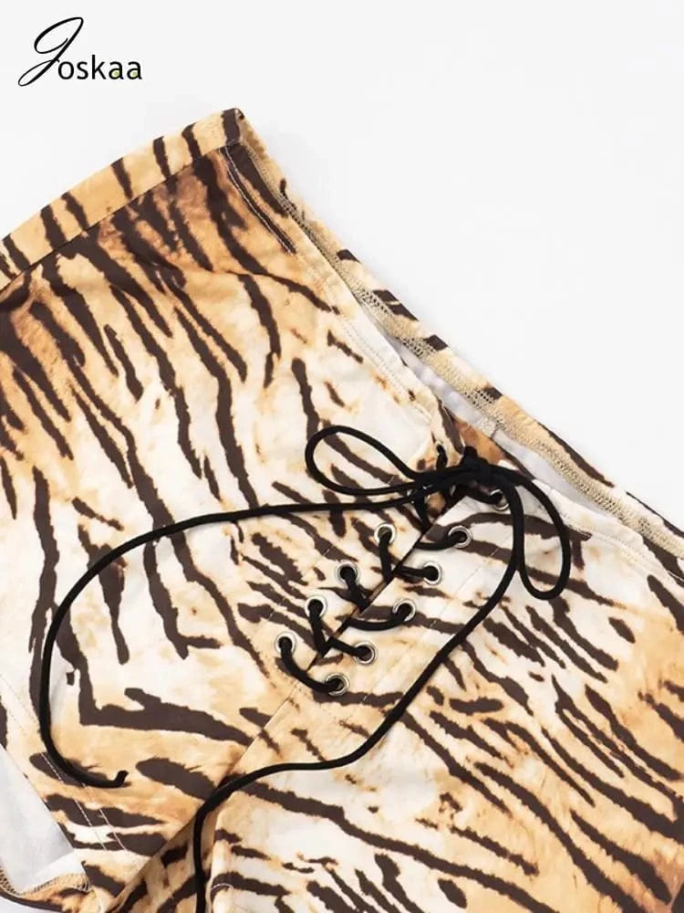 Joskaa Tiger Stripe Print Shorts Women Hipster Sexy Low Rise Bandage Hot Pants 2025 Summer Holiday Party Club Bottoms Streetwear
