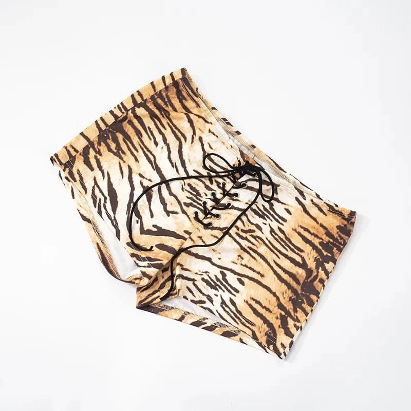 Joskaa Tiger Stripe Print Shorts Women Hipster Sexy Low Rise Bandage Hot Pants 2025 Summer Holiday Party Club Bottoms Streetwear