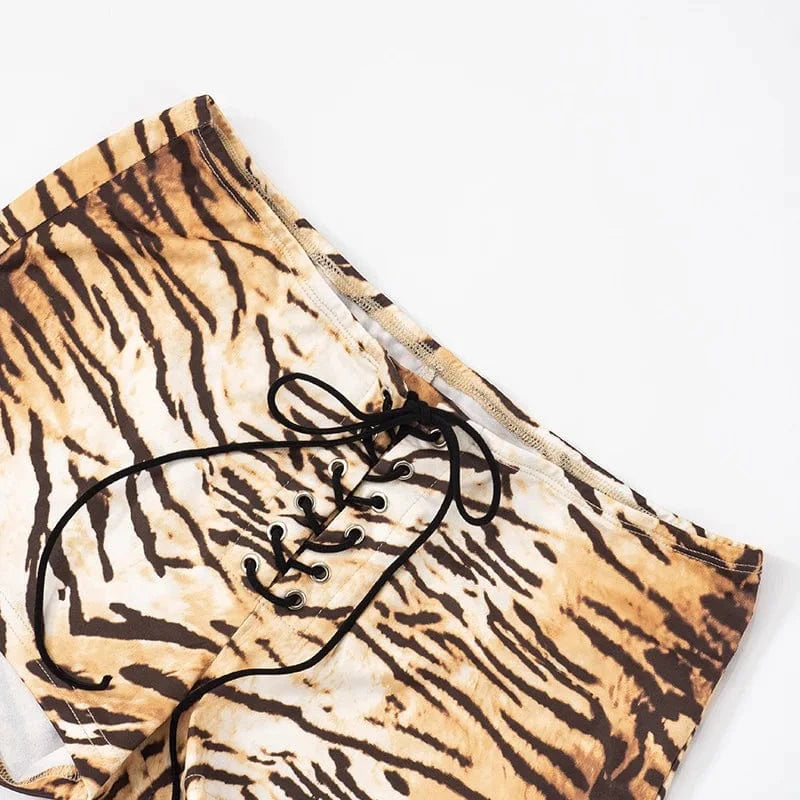 Joskaa Tiger Stripe Print Shorts Women Hipster Sexy Low Rise Bandage Hot Pants 2025 Summer Holiday Party Club Bottoms Streetwear