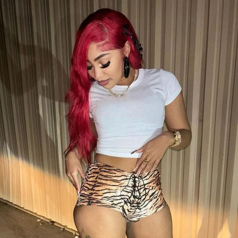 Joskaa Tiger Stripe Print Shorts Women Hipster Sexy Low Rise Bandage Hot Pants 2025 Summer Holiday Party Club Bottoms Streetwear