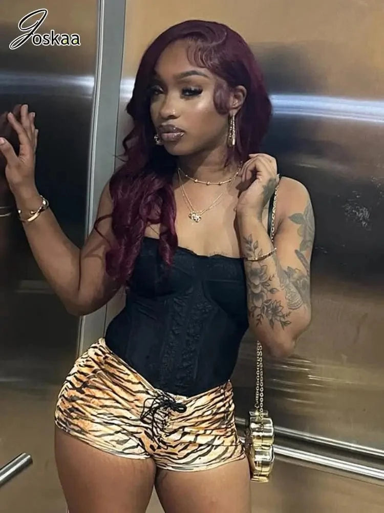 Joskaa Tiger Stripe Print Shorts Women Hipster Sexy Low Rise Bandage Hot Pants 2025 Summer Holiday Party Club Bottoms Streetwear
