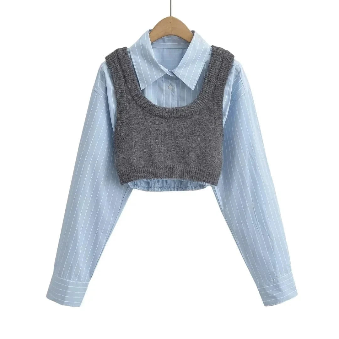 Joskaa Women Lapel Long Sleeve Single Breasted Cropped Shirt with Knitted Vest 2 Piece Set 2024 Summer Fashion Tops Streetwear