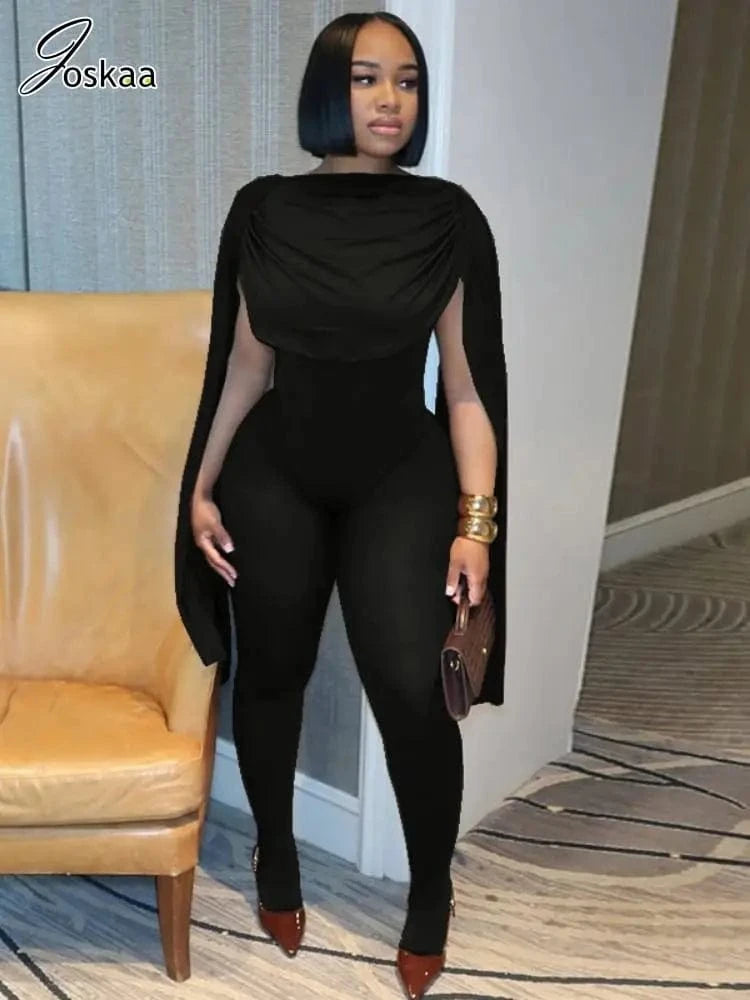 Joskaa Women's 2025 Fall Elegant Ruched Slash Neck Bodycon Jumpsuit Sexy Party Club One Piece Romper Fashion Overalls Streetwear