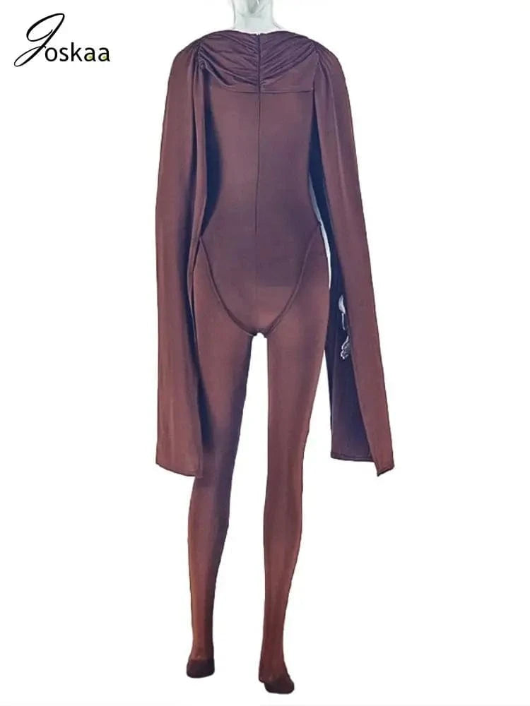Joskaa Women's 2025 Fall Elegant Ruched Slash Neck Bodycon Jumpsuit Sexy Party Club One Piece Romper Fashion Overalls Streetwear