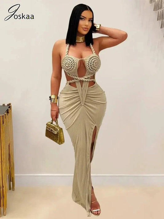 Joskaa Women's 2025 Summer Knit Halter Dress Sexy Hollow Backless Slit Bodycon Maxi Dresses Holiday Party Club Beachwear S-XXL