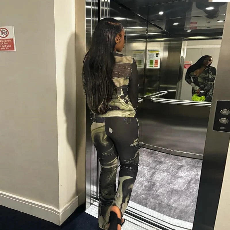 JS918991 Spring Clothing 2 Piece Set Women Long Sleeve Crop Tops+leggings Outfit Casual Printed Mock Neck Womens Sets