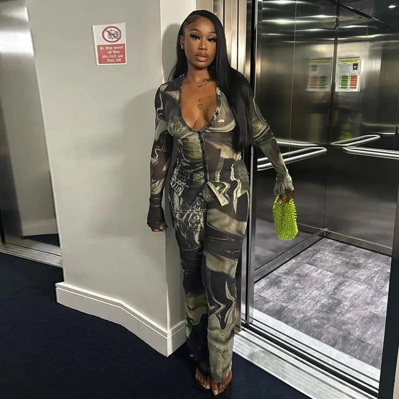 JS918991 Spring Clothing 2 Piece Set Women Long Sleeve Crop Tops+leggings Outfit Casual Printed Mock Neck Womens Sets