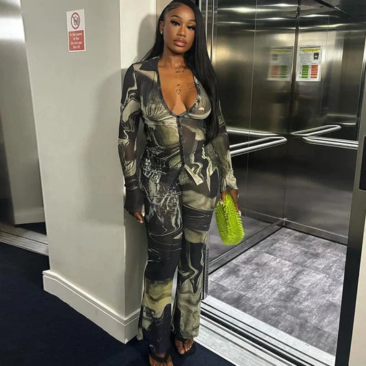 JS918991 Spring Clothing 2 Piece Set Women Long Sleeve Crop Tops+leggings Outfit Casual Printed Mock Neck Womens Sets