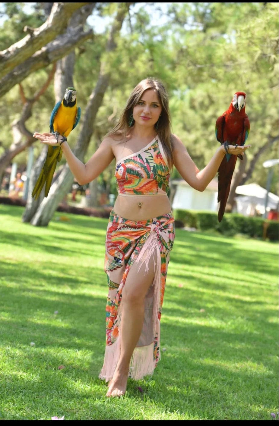 JSN 2024 New design bathing suit one shoulder swimwear mandarin duck print pattern high waist bikini with tassel sarong