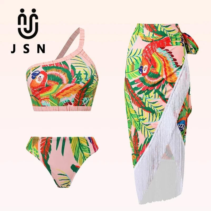 JSN 2024 New design bathing suit one shoulder swimwear mandarin duck print pattern high waist bikini with tassel sarong