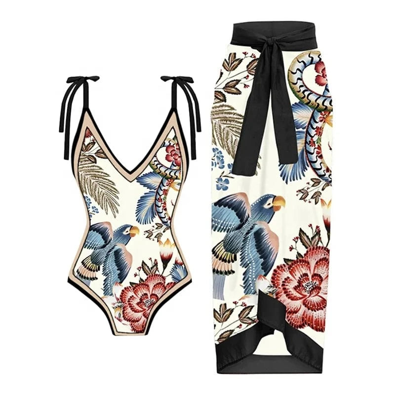 JSN 2024 New design swim suit vintage print bikini set with chiffon cover up women swimwear beachwear