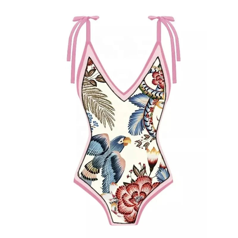 JSN 2024 New design swim suit vintage print bikini set with chiffon cover up women swimwear beachwear
