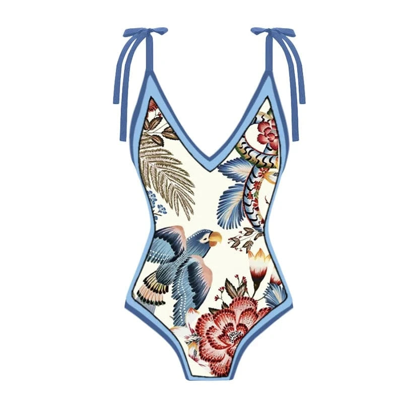 JSN 2024 New design swim suit vintage print bikini set with chiffon cover up women swimwear beachwear