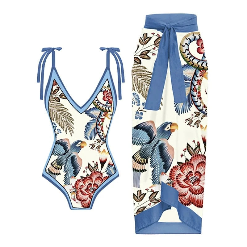 JSN 2024 New design swim suit vintage print bikini set with chiffon cover up women swimwear beachwear