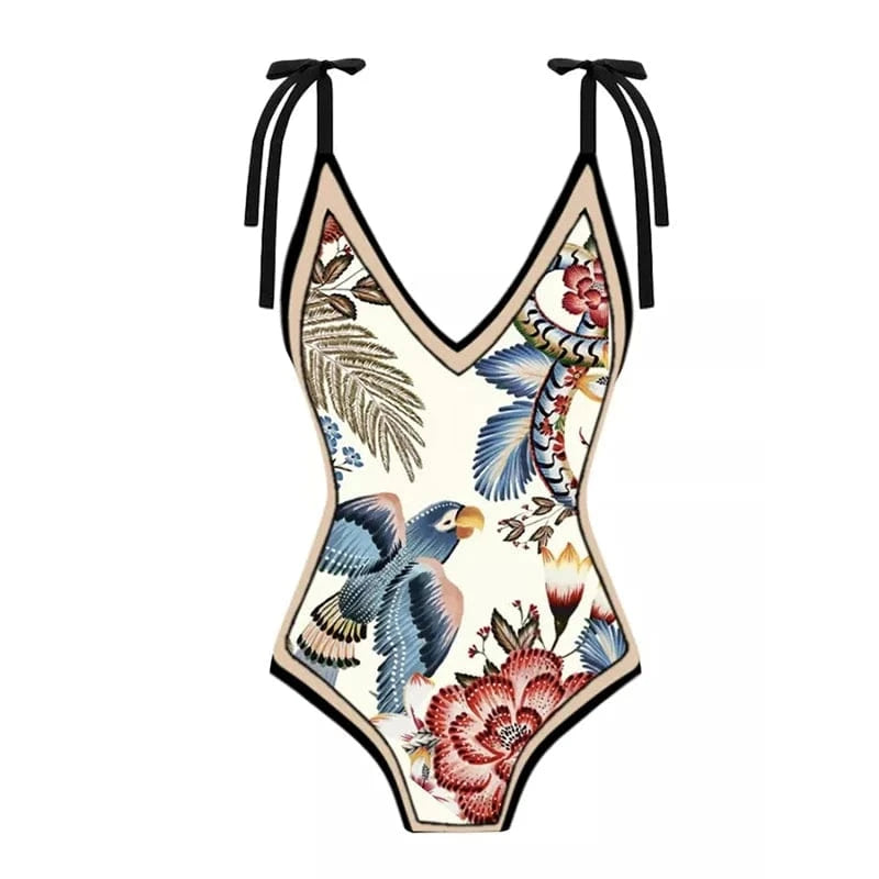 JSN 2024 New design swim suit vintage print bikini set with chiffon cover up women swimwear beachwear