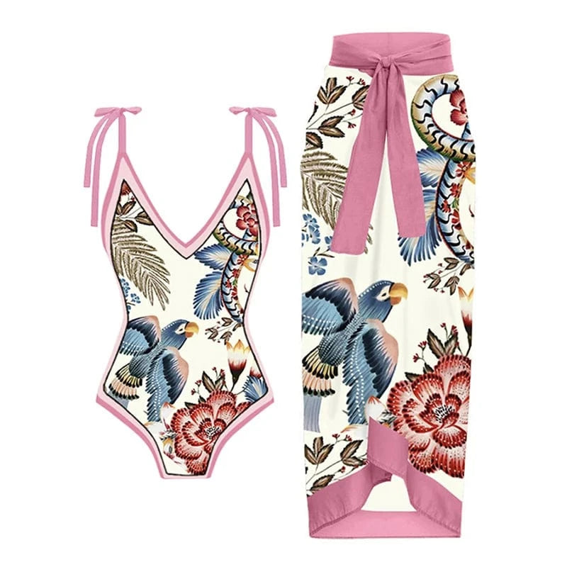 JSN 2024 New design swim suit vintage print bikini set with chiffon cover up women swimwear beachwear