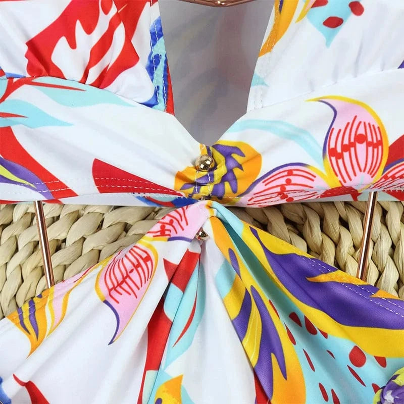 JSN 2024 New long sleeved print swimwear bikini deep V high waisted hollowed out swimming suit women one piece swimsuit