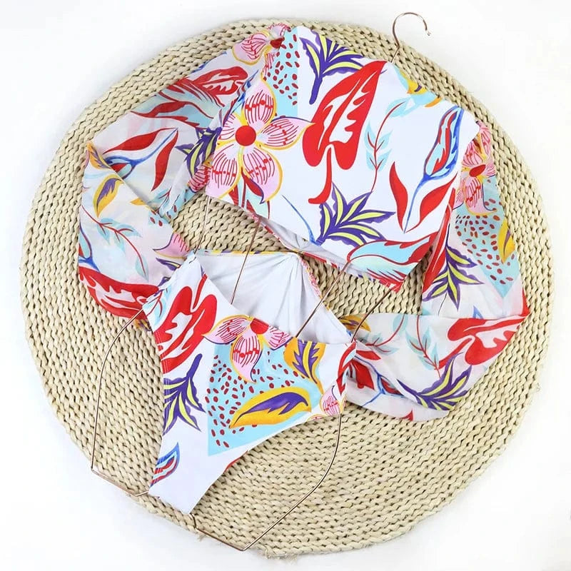 JSN 2024 New long sleeved print swimwear bikini deep V high waisted hollowed out swimming suit women one piece swimsuit