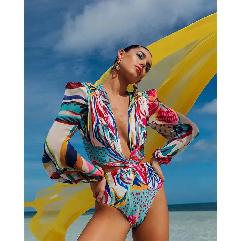 JSN 2024 New long sleeved print swimwear bikini deep V high waisted hollowed out swimming suit women one piece swimsuit