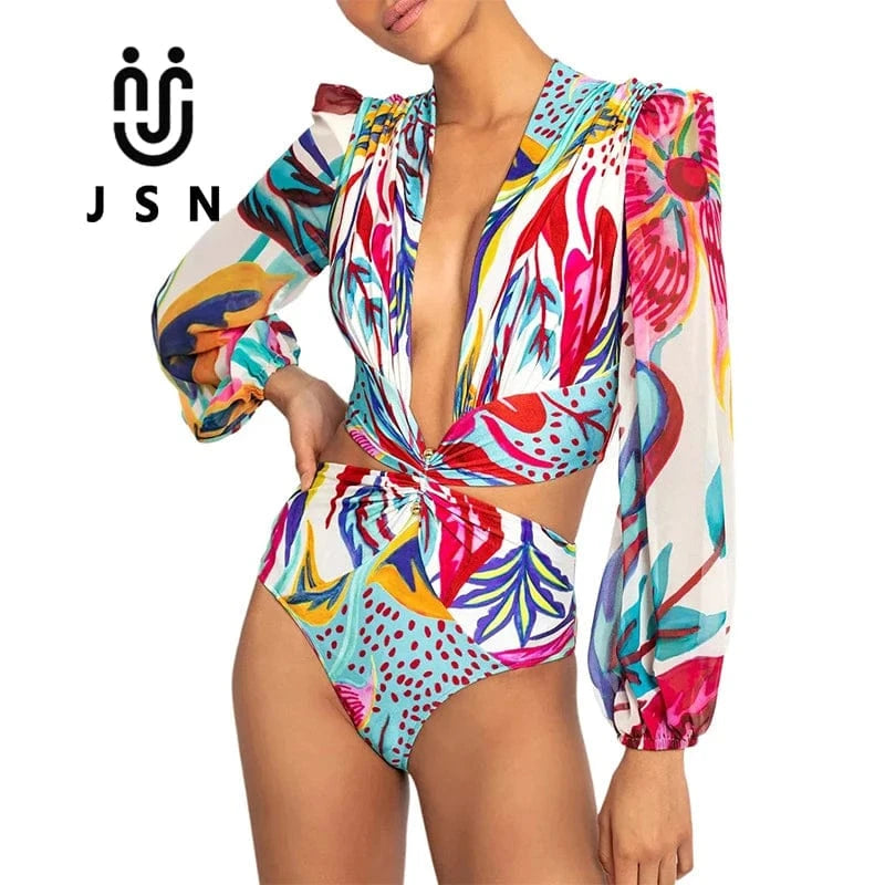 JSN 2024 New long sleeved print swimwear bikini deep V high waisted hollowed out swimming suit women one piece swimsuit
