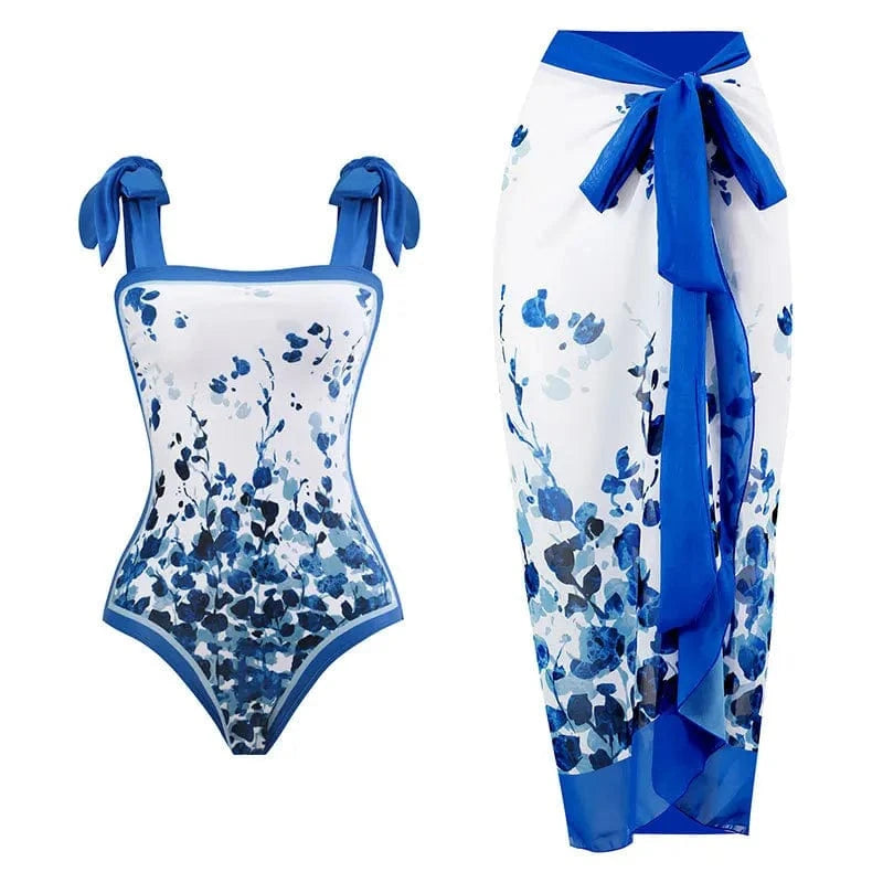 JSN 2024 New trajes de bano para mujeres vintage print swimwear women one piece swimsuit with sarong