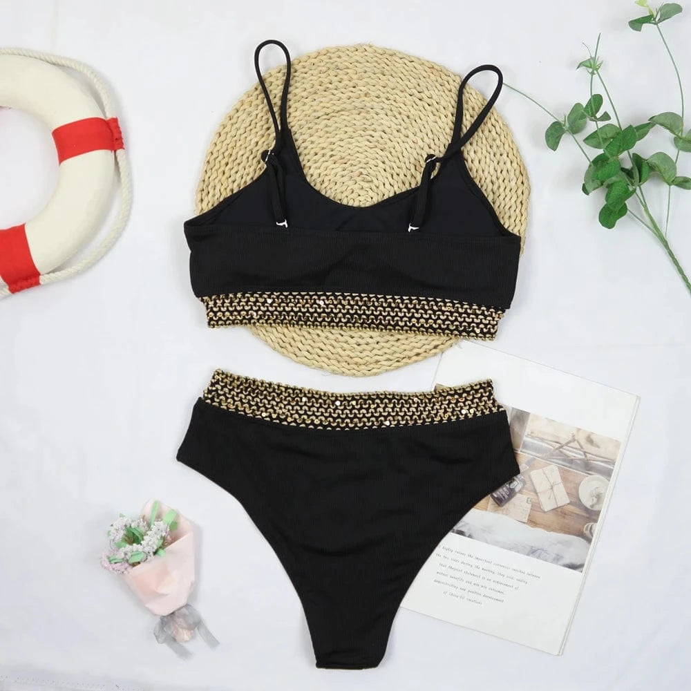 JSN6611 2024 New Summer Luxury Designer Sequin High Waist Two Piece Set Swimwear Swimsuit Women Bikini