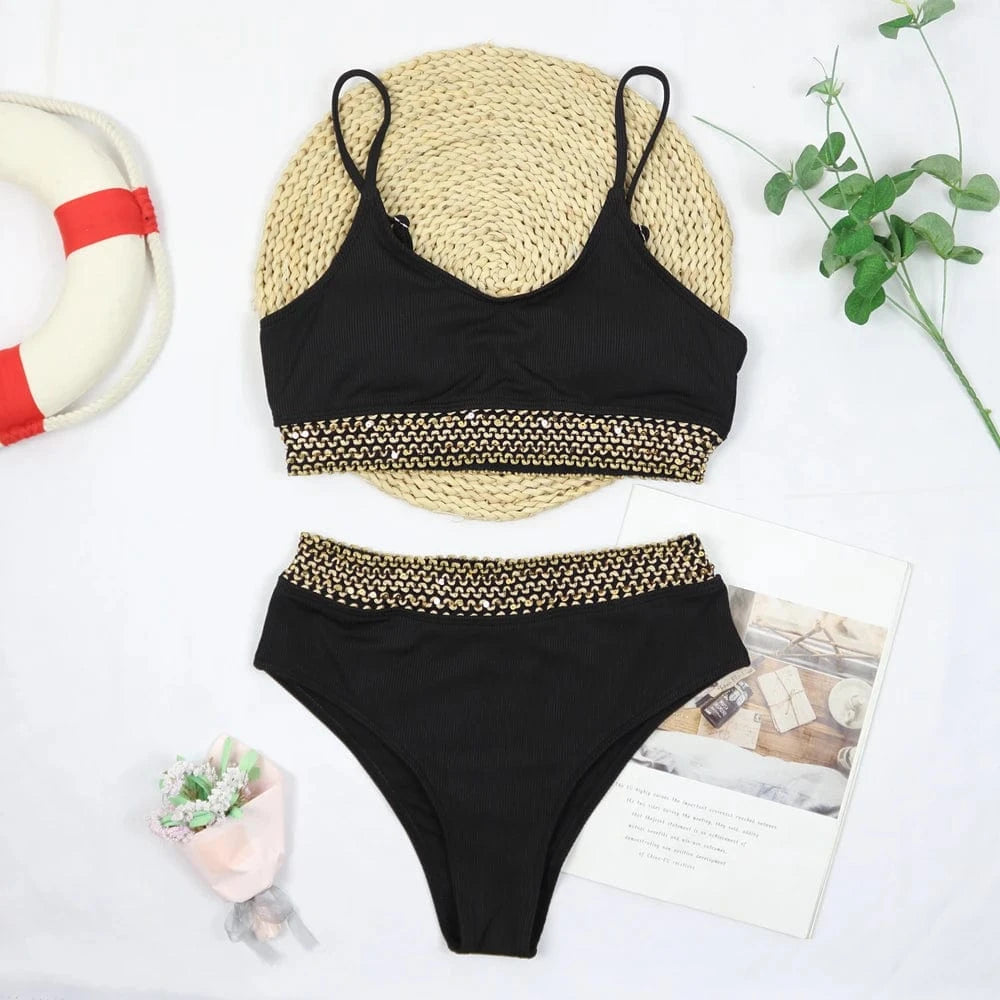 JSN6611 2024 New Summer Luxury Designer Sequin High Waist Two Piece Set Swimwear Swimsuit Women Bikini