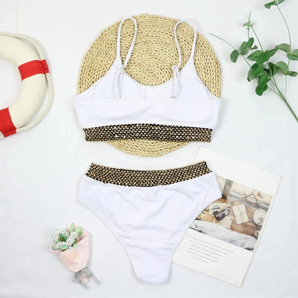 JSN6611 2024 New Summer Luxury Designer Sequin High Waist Two Piece Set Swimwear Swimsuit Women Bikini