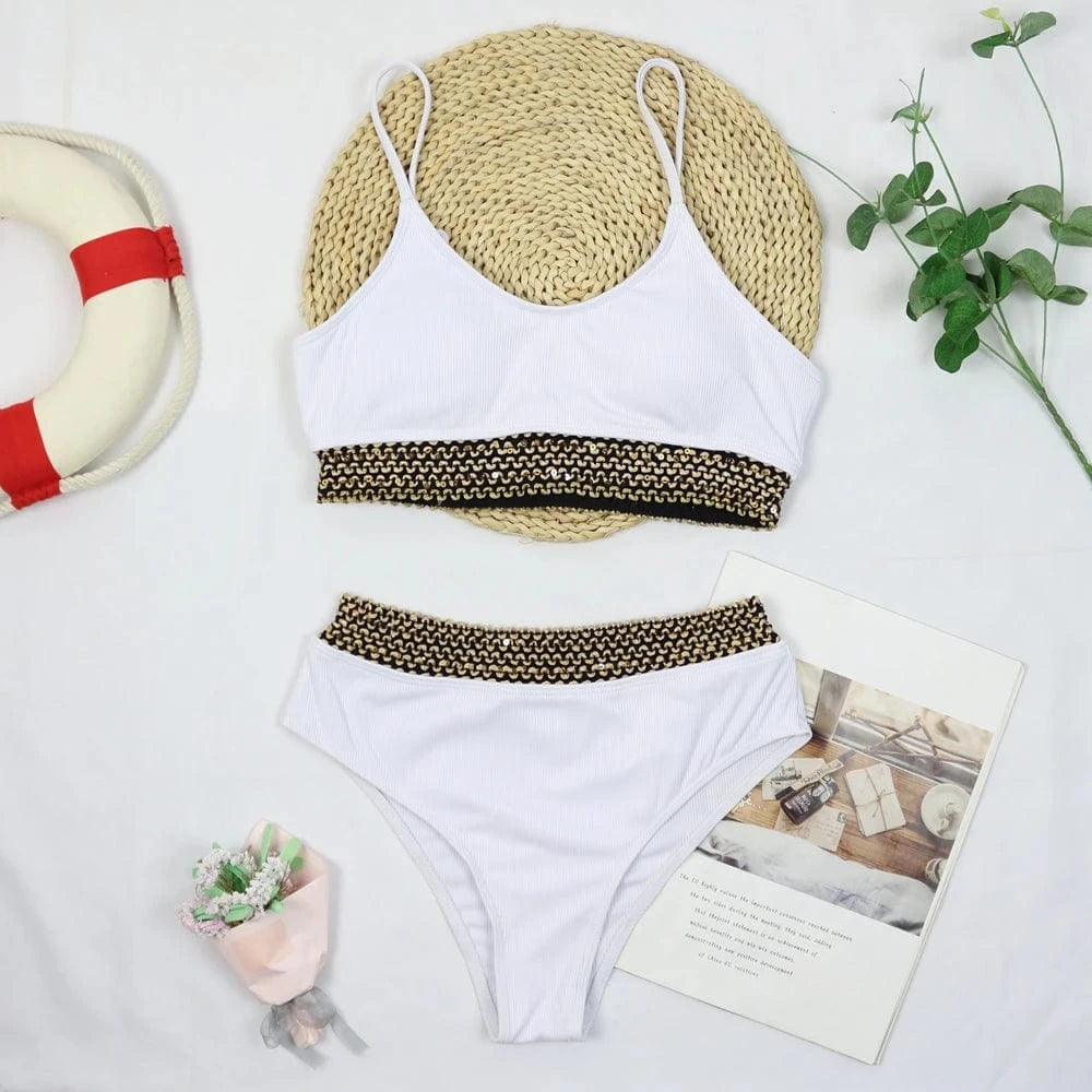 JSN6611 2024 New Summer Luxury Designer Sequin High Waist Two Piece Set Swimwear Swimsuit Women Bikini