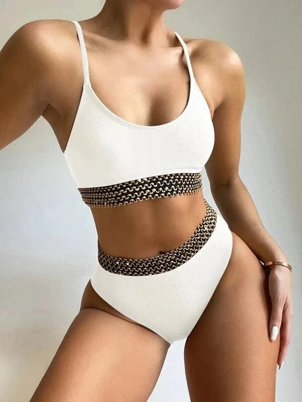 JSN6611 2024 New Summer Luxury Designer Sequin High Waist Two Piece Set Swimwear Swimsuit Women Bikini