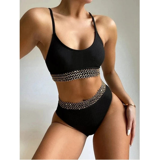 JSN6611 2024 New Summer Luxury Designer Sequin High Waist Two Piece Set Swimwear Swimsuit Women Bikini