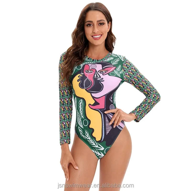 JSN72005 High quality best sales long sleeve pattern rashguard one piece swimsuit bikinis & beachwear women 2022 swimwear