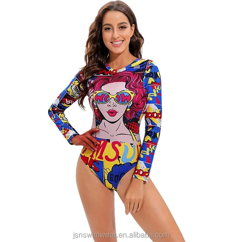 JSN72005 High quality best sales long sleeve pattern rashguard one piece swimsuit bikinis & beachwear women 2022 swimwear