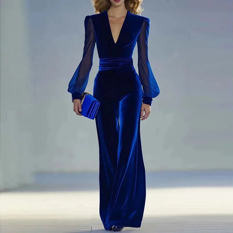 Jumpsuit Velvet Deep V Neck Long Sleeve Solid Color Slim Fit Chic Office Style For Fall - SN Wigs & More