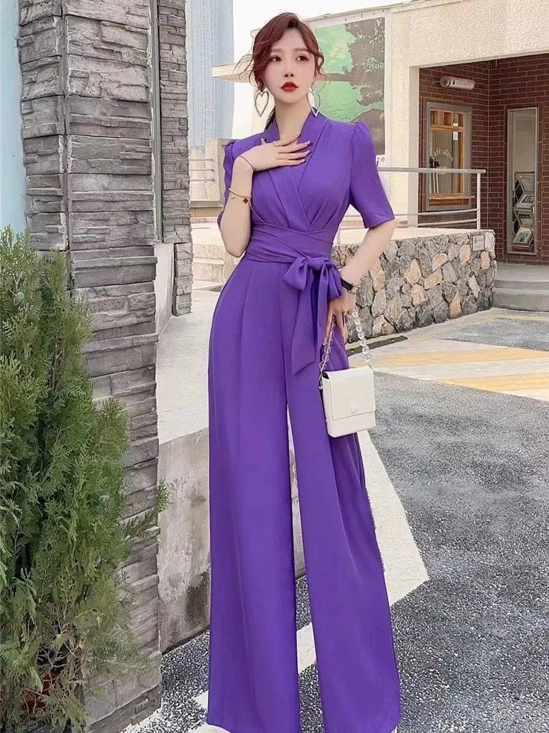 Jumpsuits Summer New High end Jumpsuit Women's Elegant Solid Color High Waist Slim Lace up Wide Leg Dropping Bodysuit Women Sets