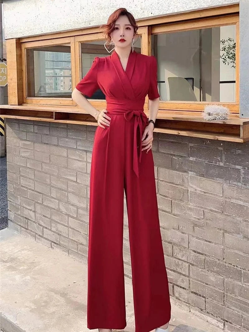 Jumpsuits Summer New High end Jumpsuit Women's Elegant Solid Color High Waist Slim Lace up Wide Leg Dropping Bodysuit Women Sets