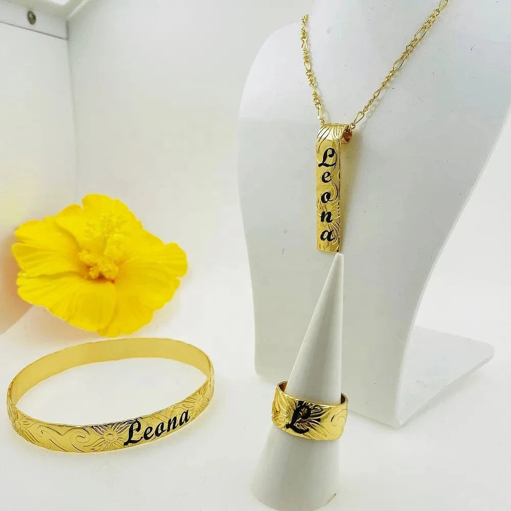JX242 Customize name ring initial vertical necklace bracelet set Hawaiian Samoa jewelry wholesale personalized birthday gift