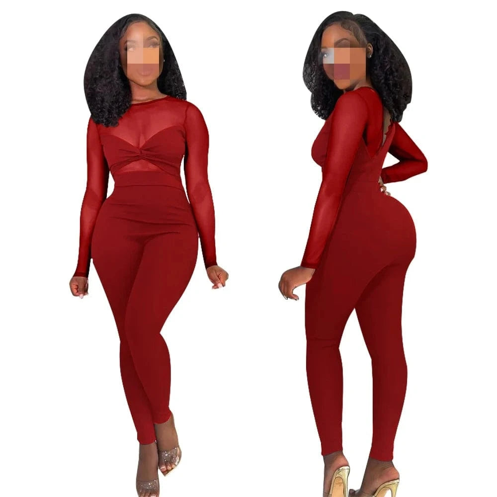K10678 2024 Women Sexy Mesh Patchwork Summer Jumpsuits Solid color splicing sexy perspective slim-fit jumpsuit woman