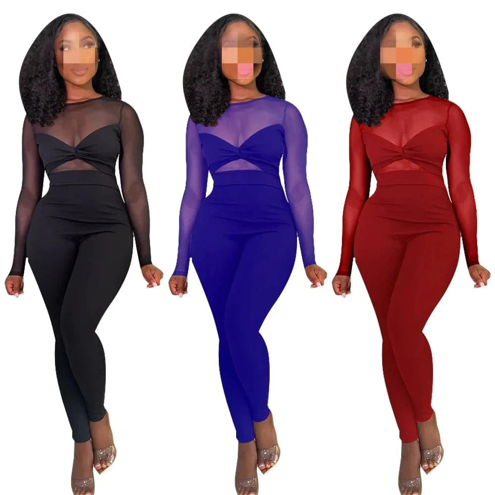 K10678 2024 Women Sexy Mesh Patchwork Summer Jumpsuits Solid color splicing sexy perspective slim-fit jumpsuit woman