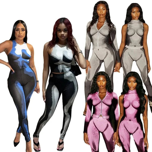 K22ST591 New model 2024 spring two piece set fashion printed american clothing bodycon pants sleeveless t shirts women's sets