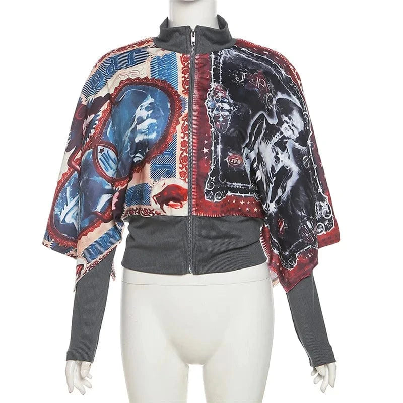 K23l38569 Autumn Winter 2024 New Irregular Patchwork 3d Print Long Sleeve Top Bodycon Zipper Casual Fashion Top For Women