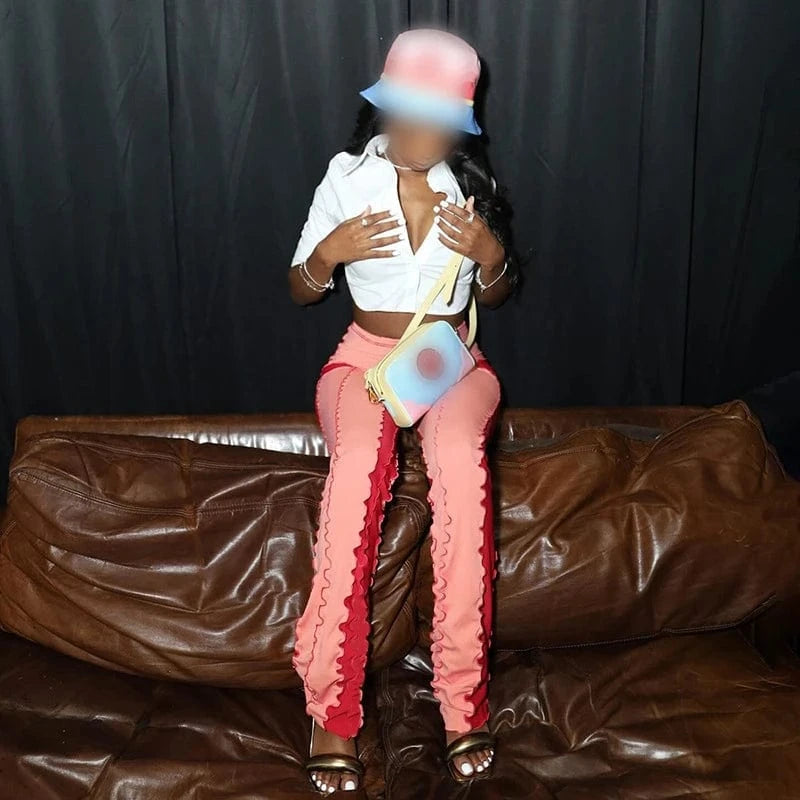 K23pt603 New Fashion 2024 Spring Patchwork High Waist Pant Bodycon Casual Bump Color Streetwear Trouser For Women Lady