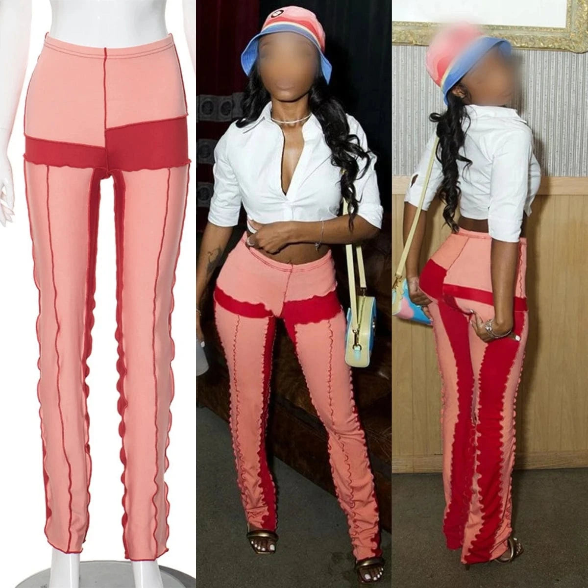 K23pt603 New Fashion 2024 Spring Patchwork High Waist Pant Bodycon Casual Bump Color Streetwear Trouser For Women Lady