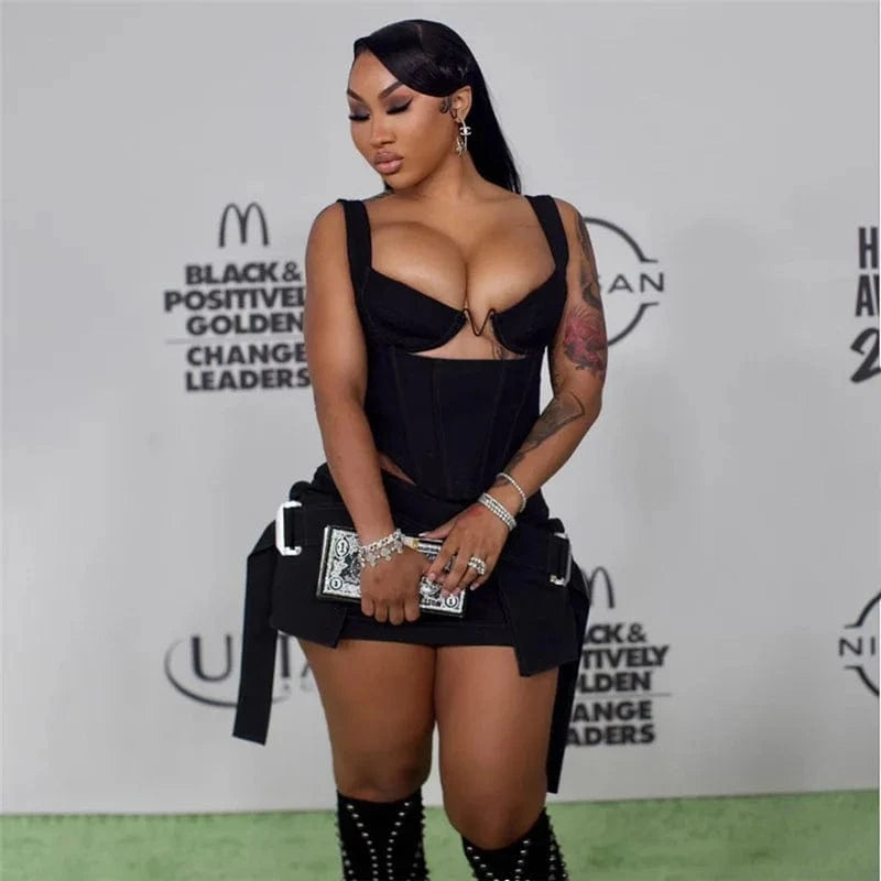 K23S38240 2024 Fashion Zip-up Tanks+high Waist Cross Ribbon Skirts Female 2pcs Set Cut Out Sexy Women's Set